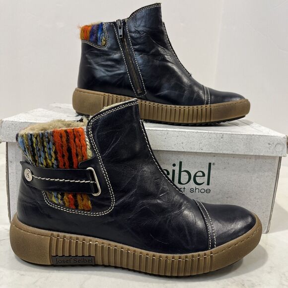 Josef Seibel NEW Maren Leather Fleece Navy Ankle Boots Womens Sz 7-7.5 EU 38 - Picture 1 of 11